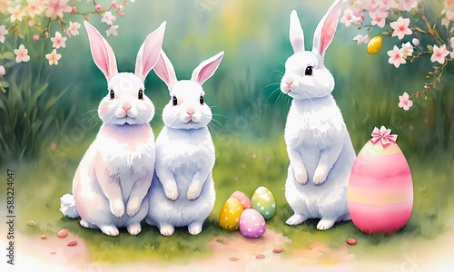 An Easter greeting card with playful bunnies and colorful eggs. Generative AI