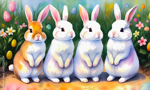 An Easter greeting card with playful bunnies and colorful eggs. Generative AI