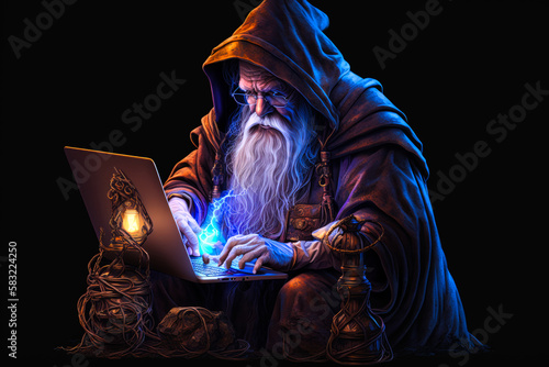 old fictional wizard using a laptop computer © Tomislav
