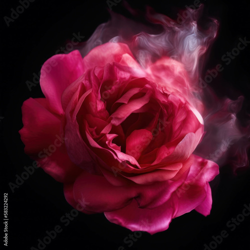 An intense pink and magenta photo of a rose petal in midair. Trendy color of 2023 Viva Magenta.. AI generation.