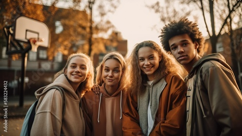 Friendship concept. Group of teenager friends posing on the basketball field