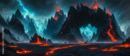 An abandoned hellish landscape with lightning and fire  and glimpses of mountains in the background.. Generative AI