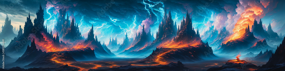 An abandoned hellish landscape with lightning and fire, and glimpses of mountains in the background.. Generative AI