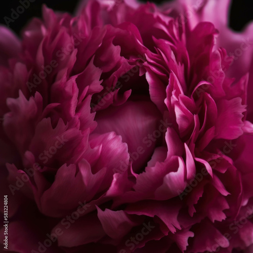 A tight closeup of a magenta peony surrounded by its soft furry petals. Trendy color of 2023 Viva Magenta.. AI generation.