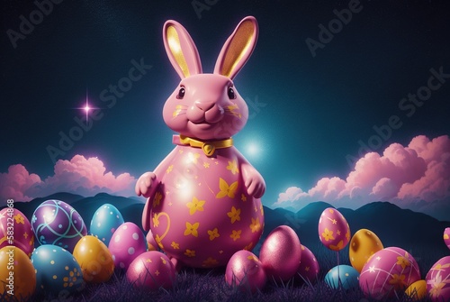 An Easter bunny is sitting on the ground with a bunch of Easter eggs. Generative AI.