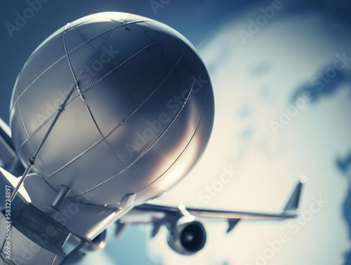 A close up of a globe with a plane flying across it.. AI generation.