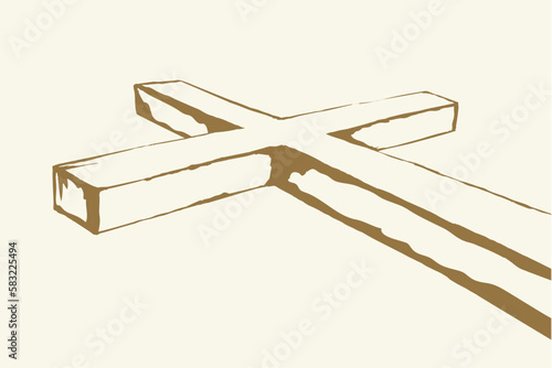 Wooden cross on sky background. Vector drawing