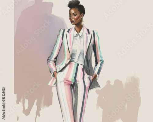 A gorgeous fashionable African American woman in block striped highwaisted pants a tuxedo jacket and a pair of glittery pastel pink. AI generation.