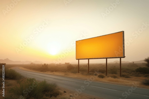 A cyclone of vibrant yellow and orange sweeps across a desert landscape illuminated by the morning sunrise. Blank empty billboard mock up. AI generation.