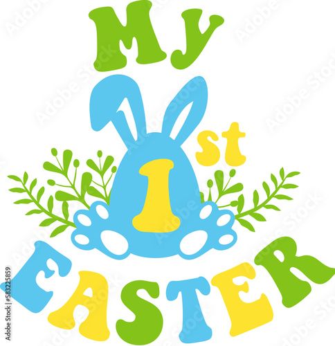 My 1st Easter Quote with bunny in Groovy style. Kids apparel, nursery decoration, invitation cards, newborn baby fashion