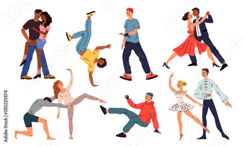 Dancing couples. Performing characters. Men and women in stage costumes. Modern sport dances. Ballroom choreography. Ballet and tango dancers. Club entertainment. Garish vector set © VectorBum