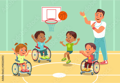 Disabled kids sport. Physical teacher trains children in wheelchairs. Athletes with disabilities play basketball. Handicapped teens and trainer on streetball court. Splendid vector concept