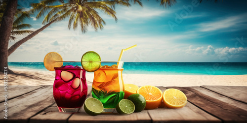 Exotic drinks on Wooden Table In tropical beach Generative AI