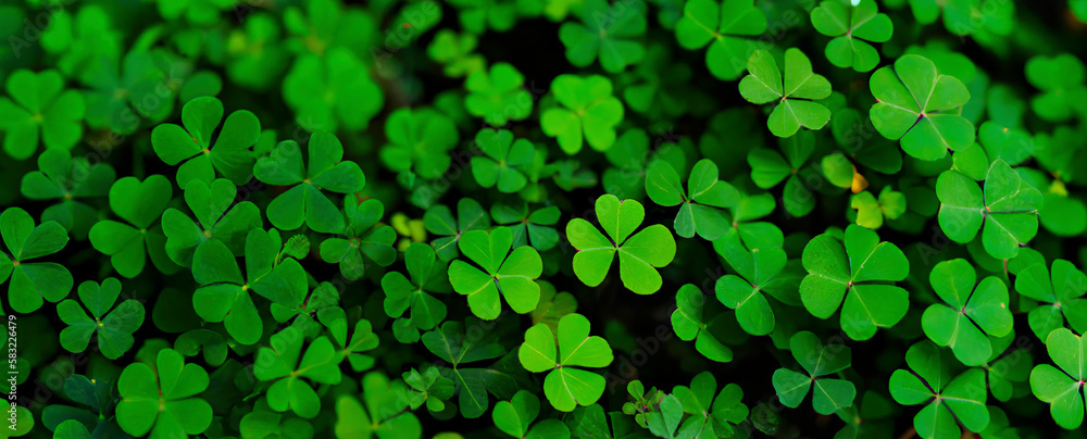 Green clover leaves background. St.Patrick's Day background. Generative AI Green clover leaves background. St.Patrick's Day background. Generative AI