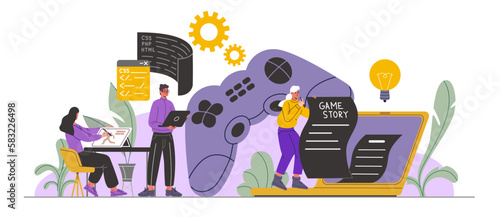 Game developers. Designers and screenwriters. Programmers working on digital product. Professionals create gaming characters and play script. People coding PC software. Vector concept