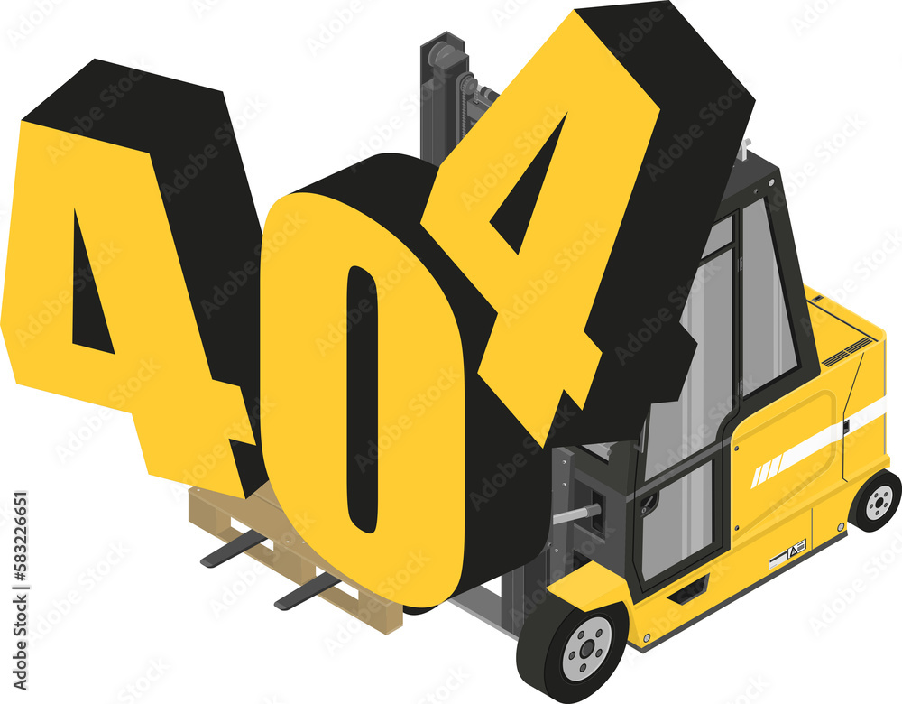 Naklejka premium Error 404 unavailable web page. Landing page with a forklift and 404 digits.