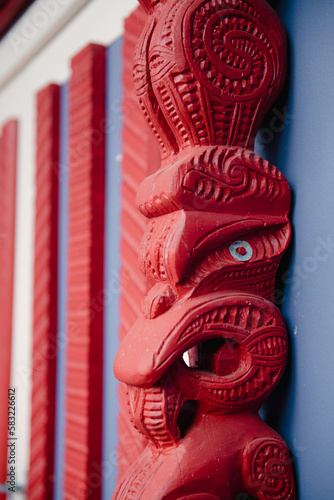 Carving on school Marae in Mangakino Waikato Aotearoa New Zealand photo