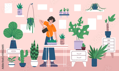 Girl cares of houseplants. Home gardening. Young person watering green shoots in greenhouse. Cacti and ficus in pots. Apartment interior. Palm trees growing in flowerpots. Vector concept