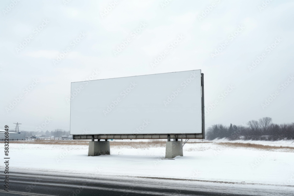 Boating under an icy winter sky Blank empty billboard mock up. AI generation. Boating under an icy winter sky Blank empty billboard mock up. AI generation.