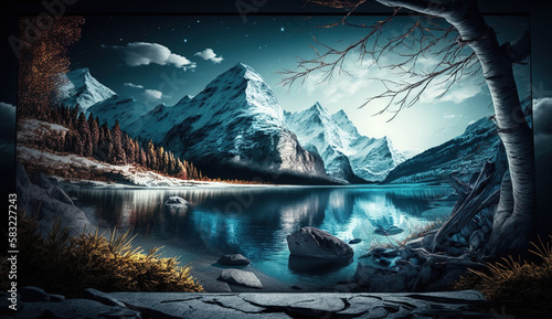 Dreaming background of a lake with snowy mountain