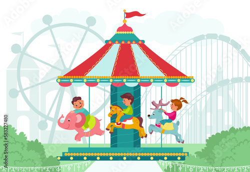 Happy children in amusement park. Happy kids on round carousel. Different animals. Roundabout elephant. Funny deer and horse. Boys or girls ride merry-go-round. Splendid vector concept