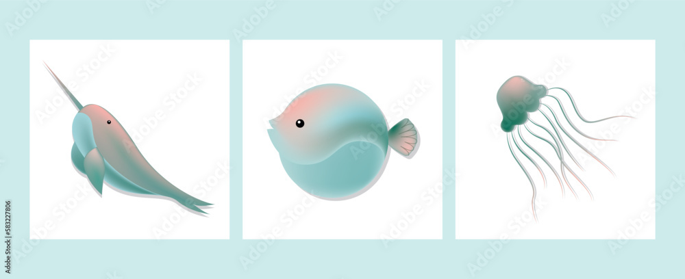 Fish and wild marine animals are isolated on background. Inhabitants of the sea world, cute, funny underwater creatures shark, ocean crabs, sea turtle, shrimp. Flat modern illustration