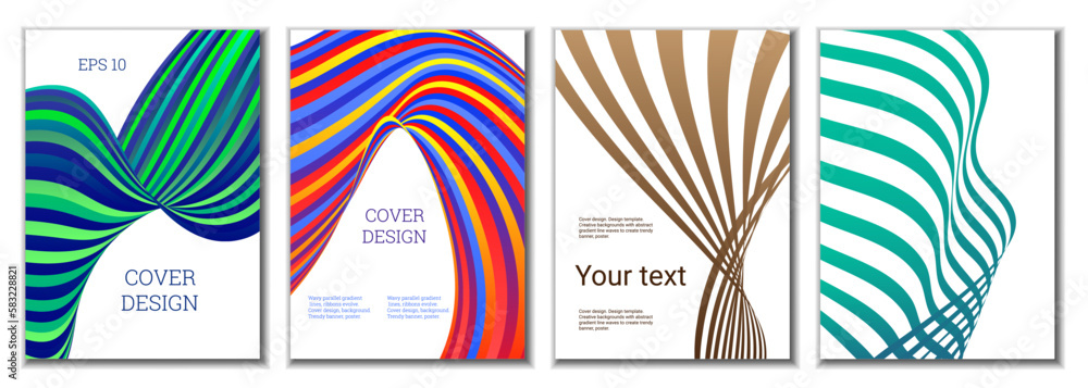 A set of 4 abstract covers. Wavy parallel gradient lines, ribbons evolve. Cover design, background. Trendy banner, poster. A set of 4 abstract covers. Wavy parallel gradient lines, ribbons evolve. Cover design, background. Trendy banner, poster.