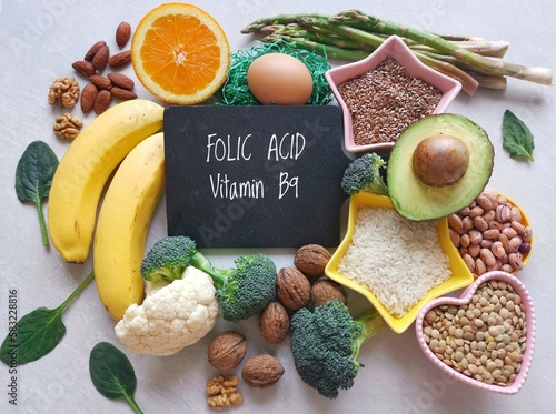 Food rich in folic acid (vitamin B9). Natural food sources of vitamin B9. Natural products containing folic acid. Asparagus, avocado, broccoli, nuts, eggs, spinach, orange, flax seed, beans, banana. photo