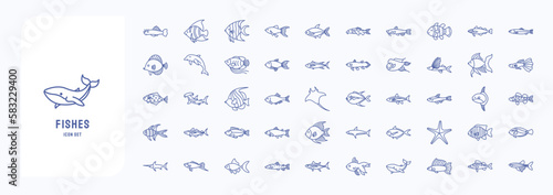 Fishes icon set, including icons like Dolphin, Star Fish, Whale, Shark Fish and more
