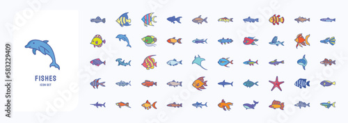 Fishes icon set, including icons like Dolphin, Star Fish, Whale, Shark Fish and more
