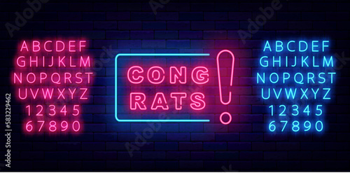 Congrats neon label with exclamation mark. Winnig and casino concept. Vector stock illustration