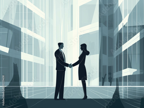 A man and woman shaking hands in front of a large business building.. AI generation.