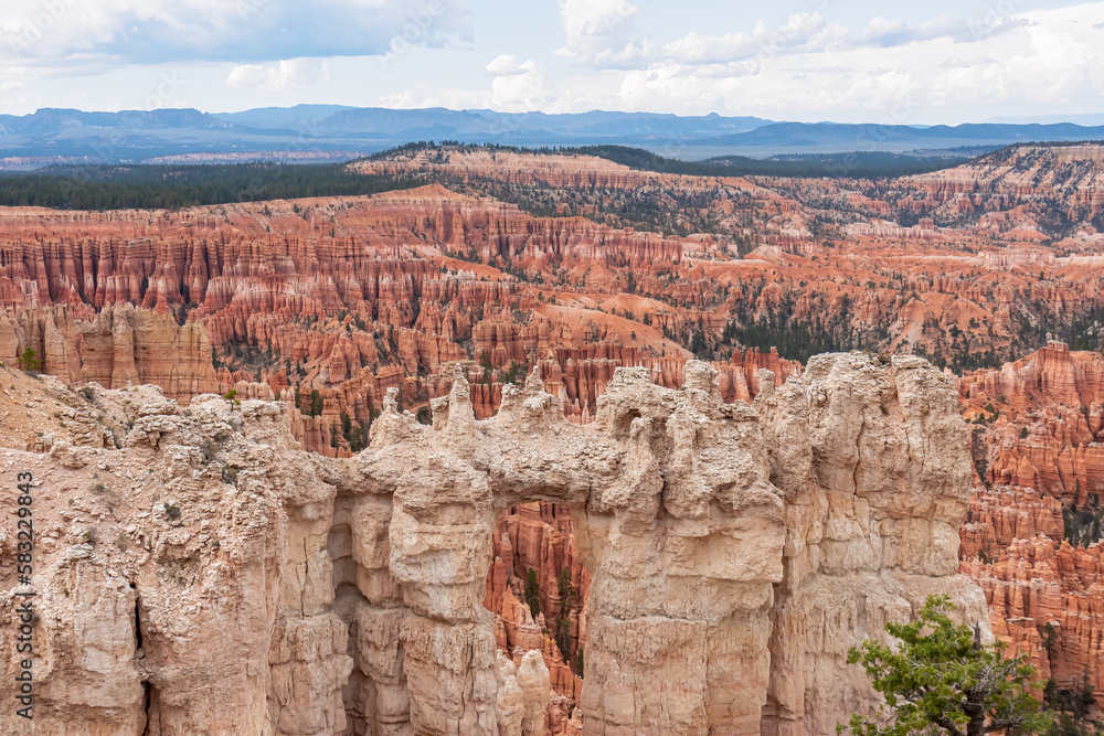 Panoramic aerial view of massive hoodoo sandstone rock formations in Bryce Canyon National Park, Utah, USA. Natural unique amphitheatre sculpted from the reddest rock of the Claron Formation. Awe