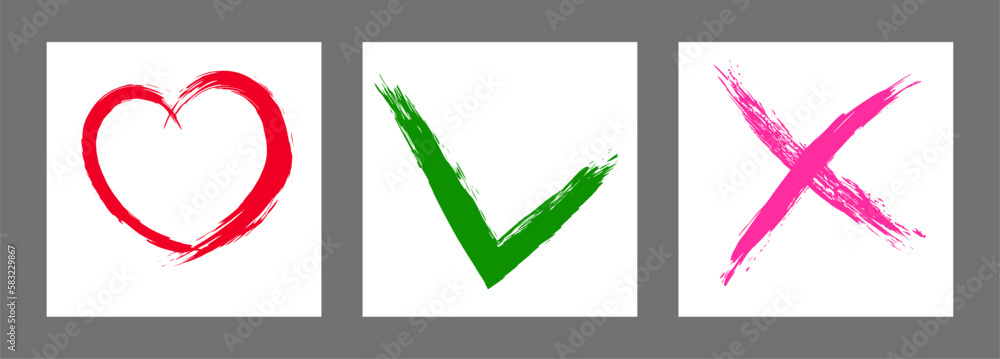 The cross, heart and OK symbol are hand-drawn with a brush. Prohibition, denial, error. Love. Approval, consent. Vector, set of 3 characters The cross, heart and OK symbol are hand-drawn with a brush. Prohibition, denial, error. Love. Approval, consent. Vector, set of 3 characters