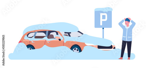 Man frightened by sight of car covered in snow. Automobile in snowdrift. Upset confused driver. Winter snowstorm and snowfall. Cold season precipitation. Frozen vehicle. Vector concept