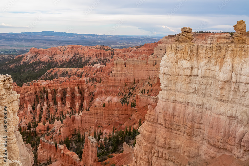 Panoramic aerial view of massive hoodoo sandstone rock formations in Bryce Canyon National Park, Utah, USA. Natural unique amphitheatre sculpted from the reddest rock of the Claron Formation. Awe Panoramic aerial view of massive hoodoo sandstone rock formations in Bryce Canyon National Park, Utah, USA. Natural unique amphitheatre sculpted from the reddest rock of the Claron Formation. Awe