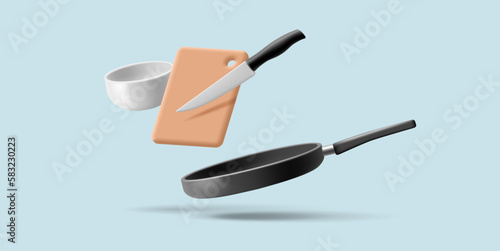 Set of empty kitchen utensils for cooking. 3d cutting board, knife, plate, frying pan. Elements for design, menu, recipes, cooking hot dishes.