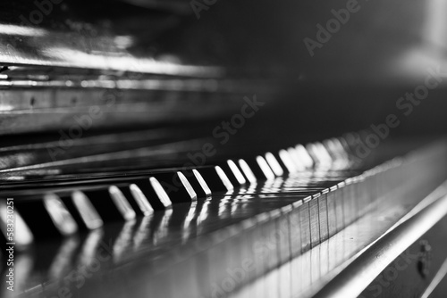 old vintage piano, close up, black and white