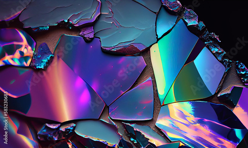 Fototapeta Naklejka Na Ścianę i Meble -  Digital wallpaper background of a cracked iridescent and opalescent surface texture. 
Polished spectrum colour, shiny textured marble stone. Natural volcanic mineral pearlescent crystal rock pattern.