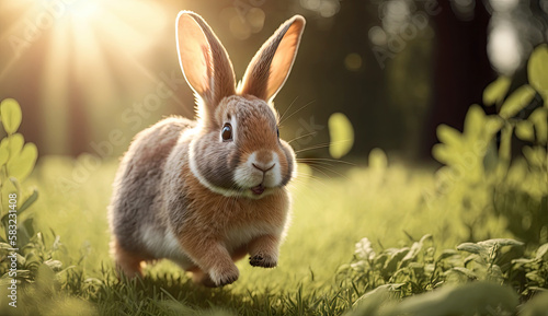 Cute little rabbits running on grass field yard in the morning with sunlight, enjoy lovely and happiness, bunny in fresh environment spring seasons, with Generative Ai. © TANATPON