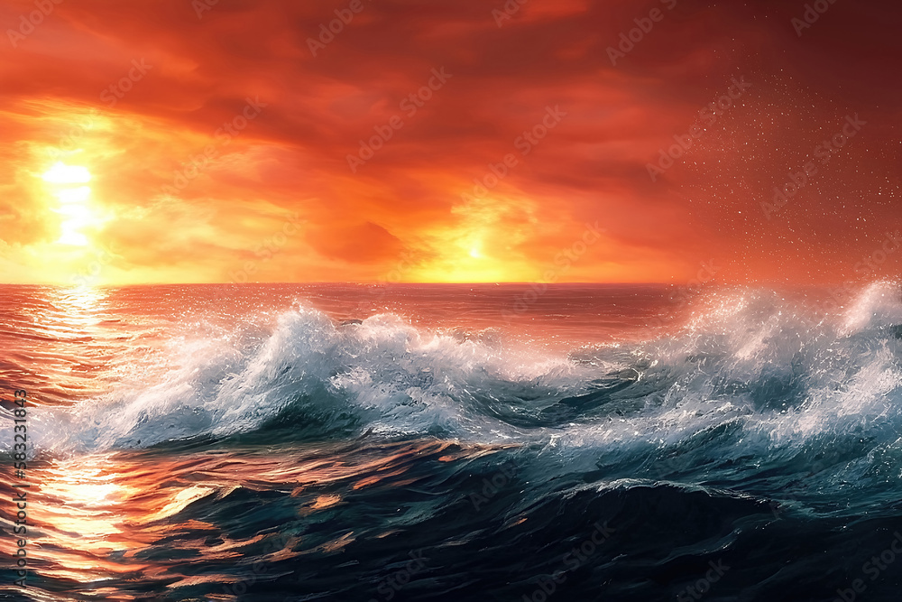 Fototapeta premium Seascape with rough sea and big waves at sunset. Generative Ai.