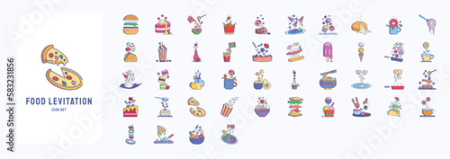 Food levitation icons, including icons like burger, cake, Donut, Noodle and more 