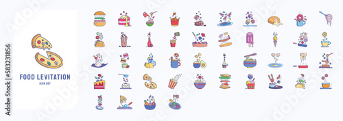 Food levitation icons, including icons like burger, cake, Donut, Noodle and more
