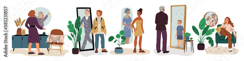 People dreaming in mirror. Idealized reflections. Men and women dream of remaking themselves. Persons imagination. Thinking about meeting or achievements. Garish vector daydreaming set