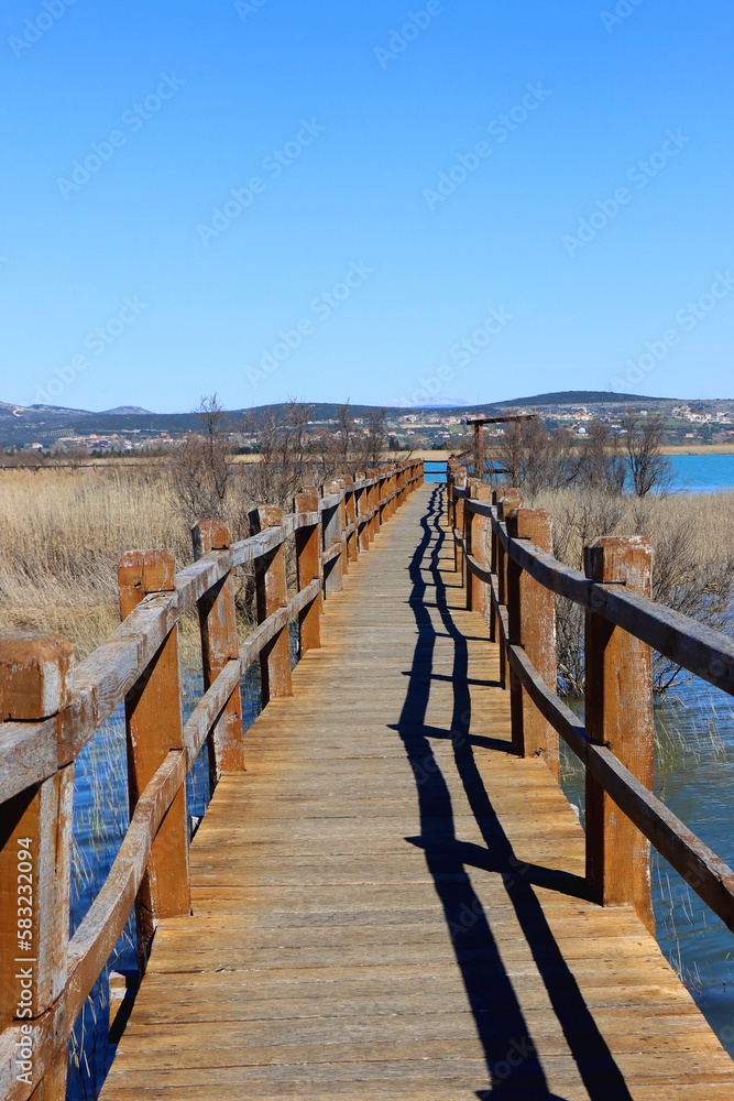 Wooden promenade and beautiful landscape, Lake Vrana, Croatia. 