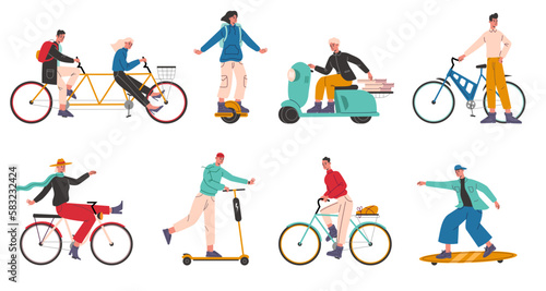 People ride electric city transport. Drivers on urban bikes. Woman on scooters and longboards. Man driving motorbike or gyroscooter. Eco friendly vehicles. Vector biking persons set