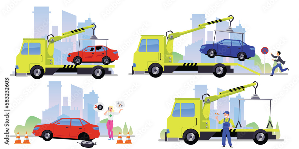 Tow truck moving car after accident and improperly parked car, flat vector illustration isolated on white background. Tow truck moving car after accident and improperly parked car, flat vector illustration isolated on white background.
