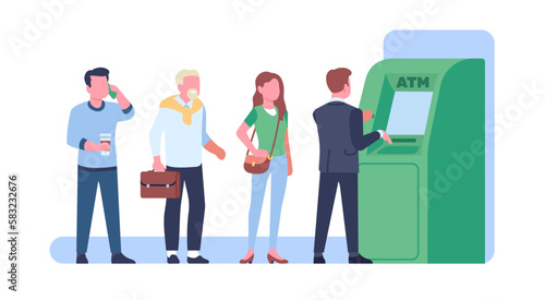 People standing in waiting line at ATM. Queue of men and women to payment terminal. Banking finance transfer. Automated machine. Withdrawing money. Electronic cashpoint. Vector concept