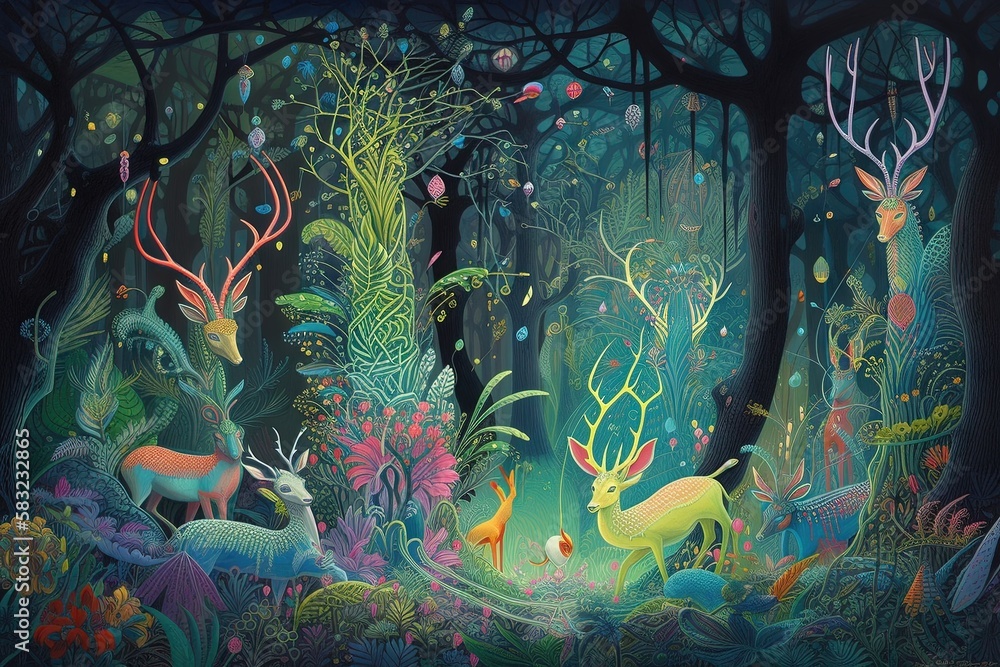 Une forêt enchantée avec des cerfs et beaucoup de fleurs et de plantes ...