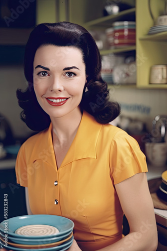 AI generated 50s themed portraits of young women, housewives, stereotype, 50s girls, 1950s, smiling, lipstick